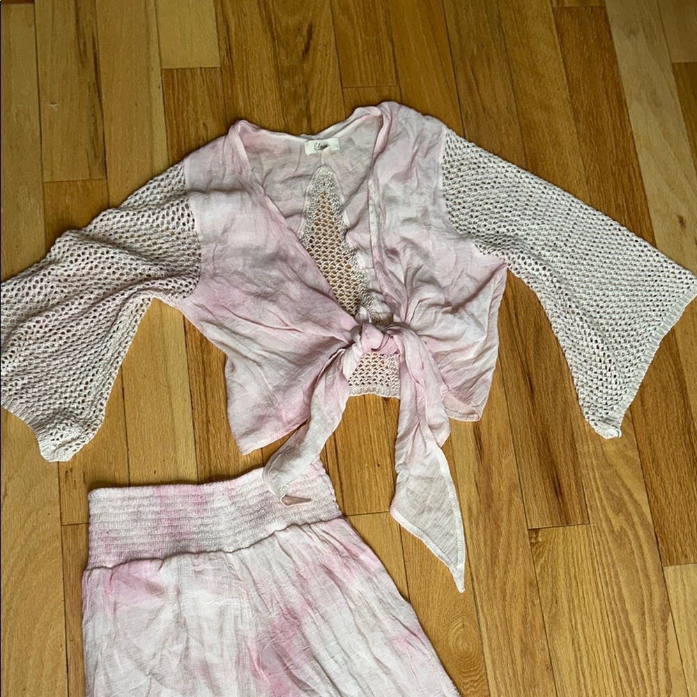 Elan Pink and White Wide Leg crochet Pants Set - Picture 4 of 9
